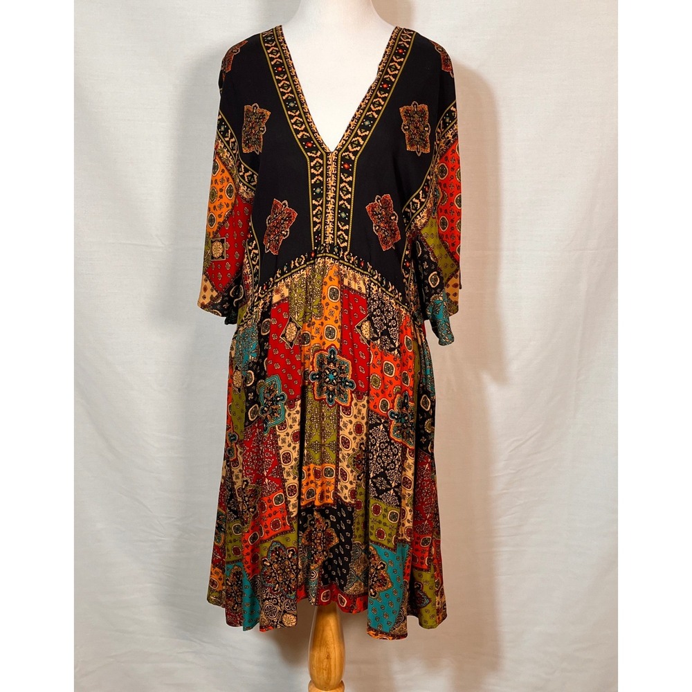 Boho Patchwork Print V-Neck Mini Dress 3/4 Sleeve Multi-Color Rayon 0XL